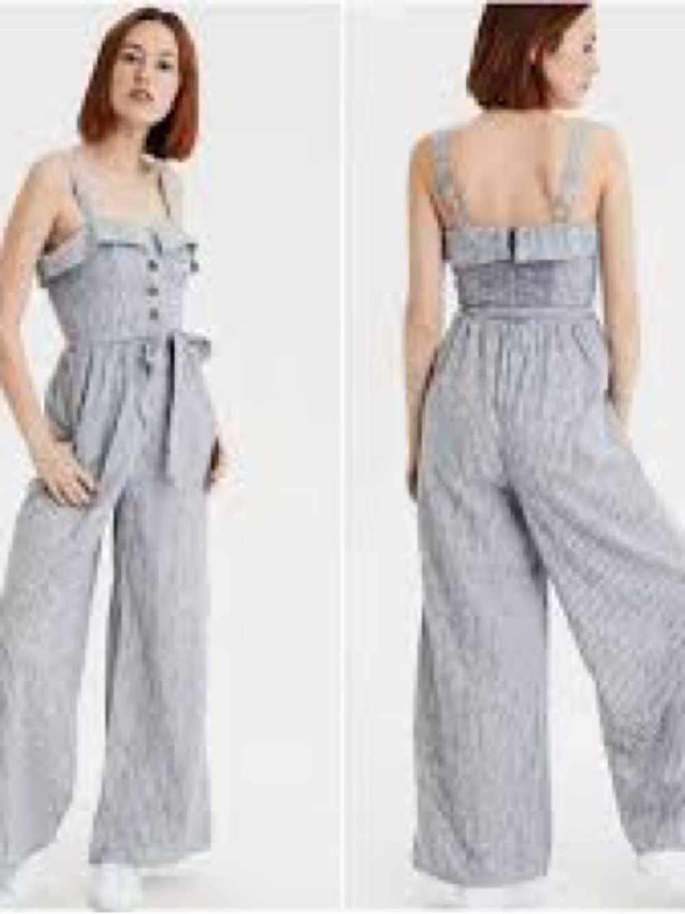 American Eagle Outfitters Blue Striped Smocked Wide-Leg Jumpsuit